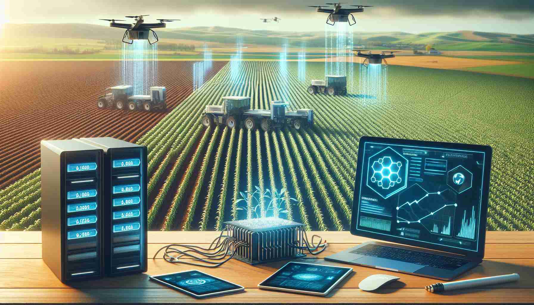 A high-definition, realistic image depicting the future of agriculture being fueled by blockchain technology. The scene should include a digital interface presenting crop data traced back by a blockchain. In the background, cutting-edge farming methods are employed in a landscape of rolling fields. Include computer servers and drones monitoring and logging the crop health data into the blockchain, signifying the digital revolution in agriculture.