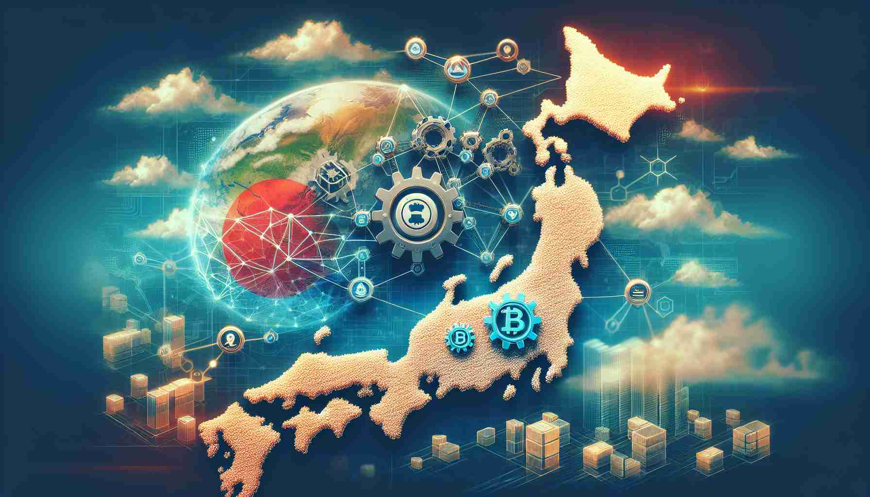 An image depicting the concept of the expansion of blockchain innovation in Japan. It includes an illustration of  innovative technology symbols, such as gears and blockchain links, signifying cooperation. To the side, conceptual representations of two abstract entities aligned in partnership, representing Aptos and a cloud technology provider. This is set against a backdrop of a stylized map of Japan. Note, this is not a real photograph but an artistic rendering composed to capture the essence of the described concept. Use rich colors and details for an HD-like quality.