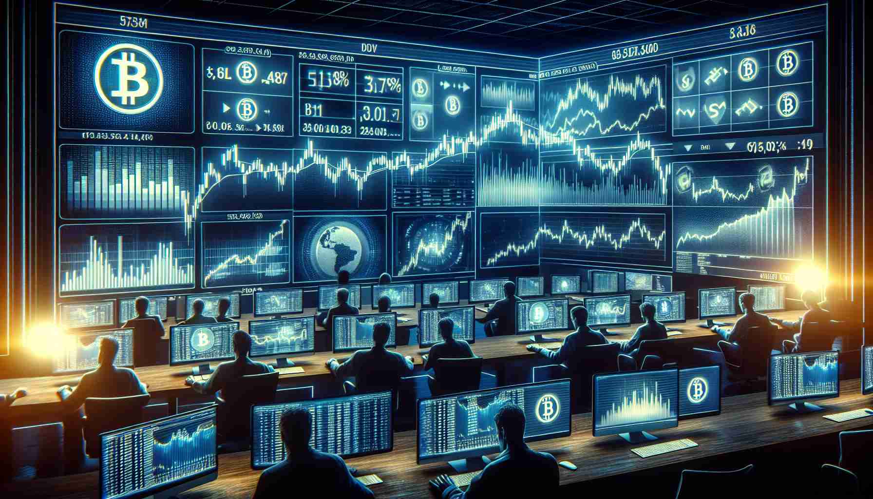 Generate a realistic, high-definition image portraying a financial market scenario where cryptocurrency prices are experiencing a significant drop. The overall scene should represent the quick volatility and drastic price variation common in cryptocurrency markets. Depict different symbols and figures prominently on large screens, along with real-time graphs and charts showing a sharp decline in cryptocurrency value. Also, include traders frantically working on their computer terminals, reacting to this downturn. Add dramatic lighting to enhance the emotional intensity of the scene.