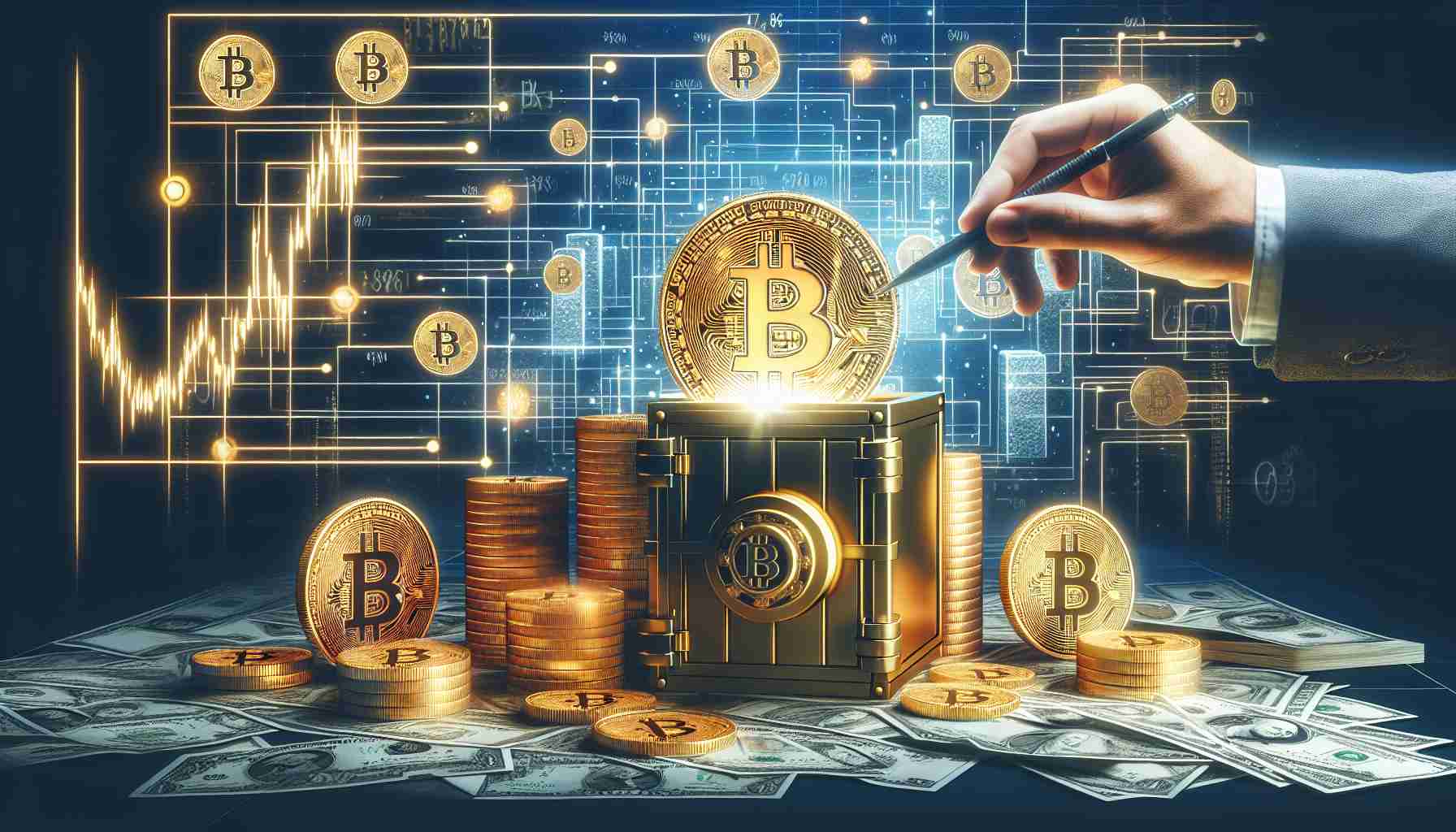 Create a high-definition, lifelike image representing the concept of a business entity known as MicroStrategy, enhancing their Bitcoin stash with an additional investment of $786 million. The scene might feature symbolic elements, such as a digital vault filled with golden Bitcoin symbols, with stacks of digital money growing in size, referencing the financial input. The company's logo may be subtly incorporated into the corners or perhaps even as a watermark.