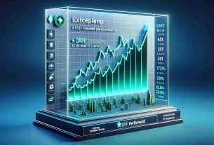 3D model of a modern stock market chart displaying the excellent performance of a hypothetical ETF called DAPP created by a fictional firm named VanEck. The chart should indicate a stellar 12-month performance, with significant green upward spikes indicating the triumphs. The graph should be accompanied by relevant financial icons and symbols in high definition. The color theme should be blue and white, with the chart lines in green to indicate positive growth.