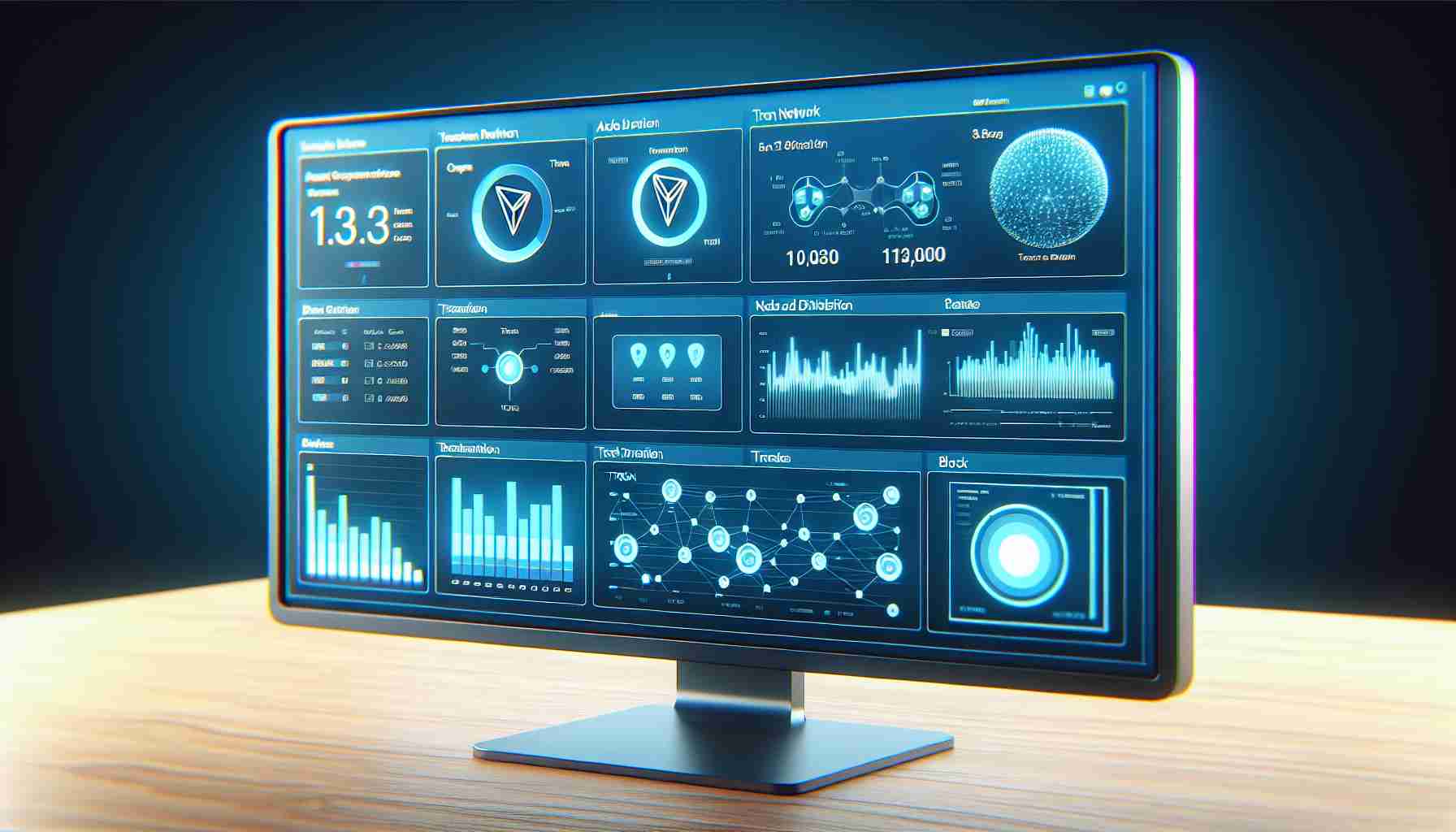 Generate a realistic and detailed HD image of a screen showcasing an analytics platform that supports TRON Network Data. The platform's interface should display various charts, graphs, and analytics data relevant to a typical blockchain network, like node distribution, number of transactions, block details, and more. The platform color scheme should be blue and white, typical of numerous other analytics platforms, ensuring a familiar and comfortable user experience.