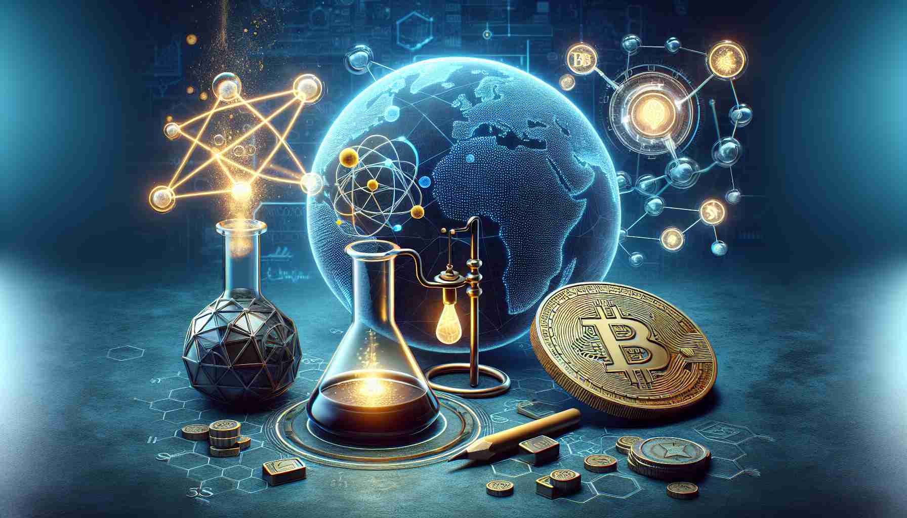 Realistic high-definition depiction of the concept symbolizing the collaboration between alchemy and a global coin to form a breakthrough blockchain platform. The image involves the thematic symbols of alchemy like an alembic, retort, and philosopher's stone coupled with the image of a globe-inscribed coin. They come together in a stylish and harmonious manner to give rise to a robust, advanced blockchain structure. This should illustrate innovation, breakthrough, and global unity.