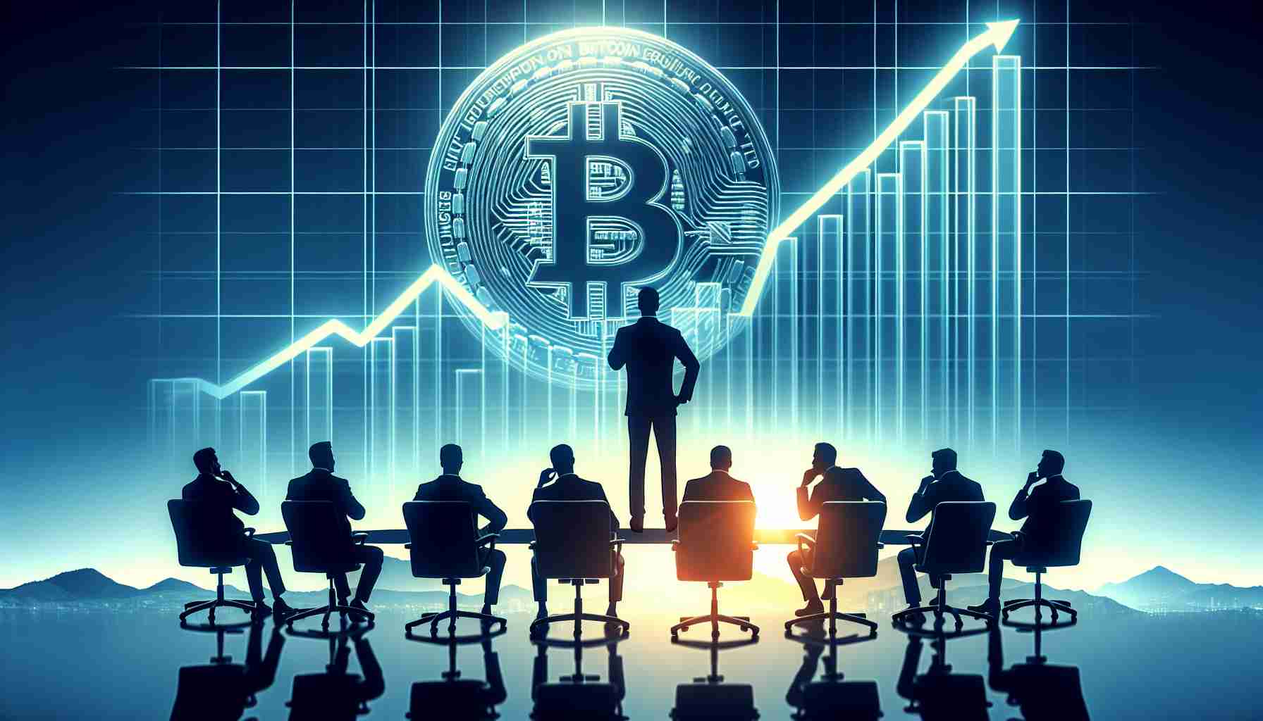 Generate a realistic, high-definition image depicting financial advisors gradually embracing Bitcoin ETFs. This could visualize a graph showing a steady rise in support for Bitcoin ETFs, with the silhouettes of financial advisors contemplating the data, suggesting a slow, cautious adoption of the new financial vehicle, indicating a change in the traditional financial investment mindset.