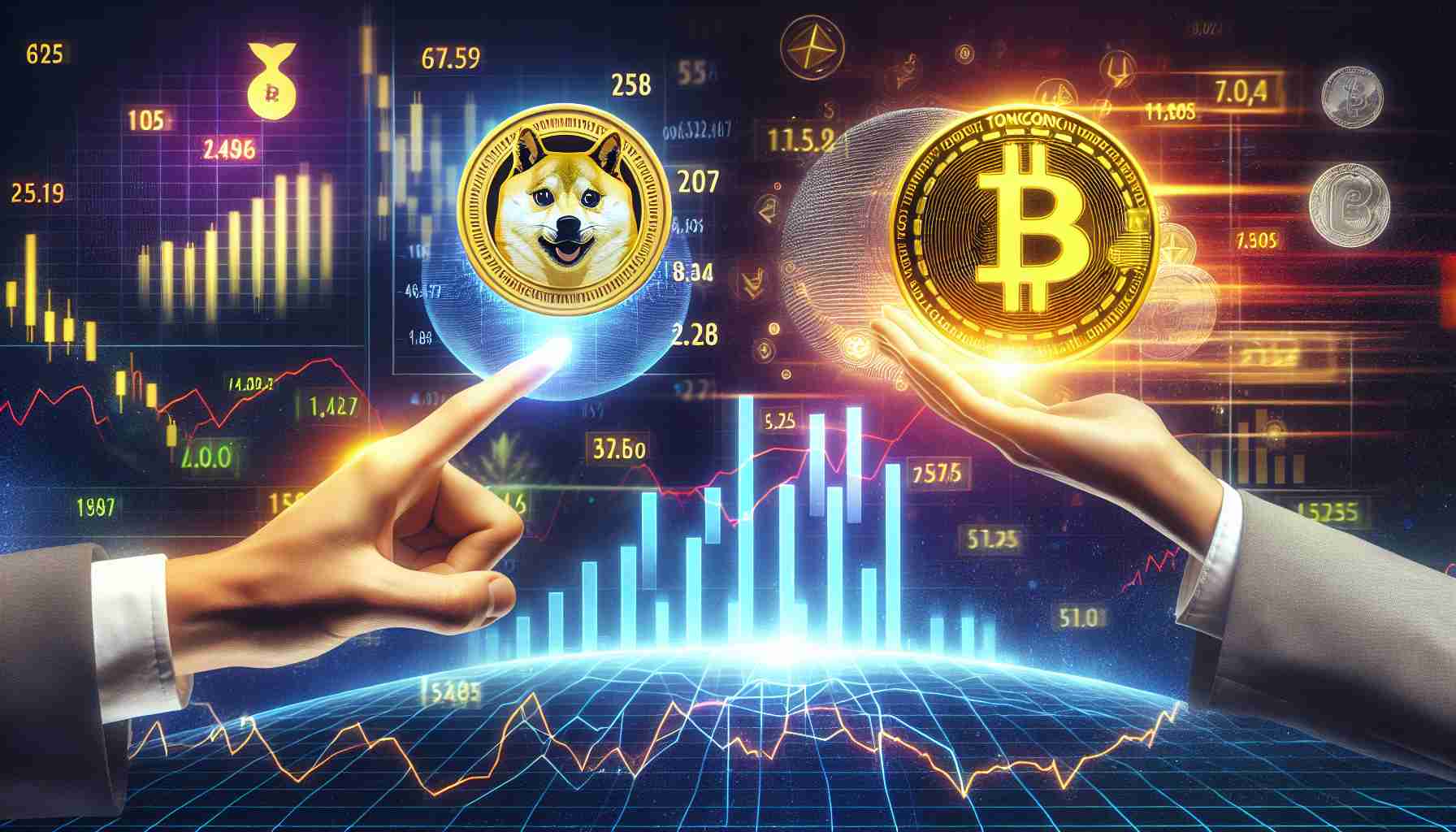 A high-definition, realistic image representing the event of a cryptocurrency named Toncoin surpassing another called Dogecoin during a shake-up in the cryptocurrency market. The image should creatively depict symbols of these two cryptocurrencies, with Toncoin being dominant. Please include visuals such as dynamic charts, numbers, and other relevant elements to represent a market shake-up.