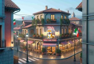 High-definition, realistic image of a quaint Italian town, characterized by cobblestone streets, red-tiled roofs, and pastel-colored buildings. The town is bustling with locals and tourists as a new fast food outlet opens its doors. The eatery's theme is based on a Shiba Inu, a Japanese dog breed, known as 'SHIB'. The restaurant, 'Welly Fast Food', stands out with its vibrant sign featuring a Shiba Inu mascot. Streetlights cast a soft glow, creating a cozy atmosphere. Italian flags flutter from the buildings, signifying local pride.