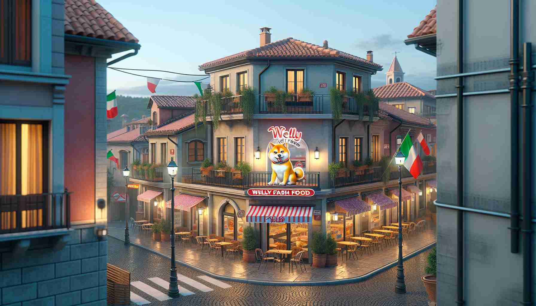 High-definition, realistic image of a quaint Italian town, characterized by cobblestone streets, red-tiled roofs, and pastel-colored buildings. The town is bustling with locals and tourists as a new fast food outlet opens its doors. The eatery's theme is based on a Shiba Inu, a Japanese dog breed, known as 'SHIB'. The restaurant, 'Welly Fast Food', stands out with its vibrant sign featuring a Shiba Inu mascot. Streetlights cast a soft glow, creating a cozy atmosphere. Italian flags flutter from the buildings, signifying local pride.