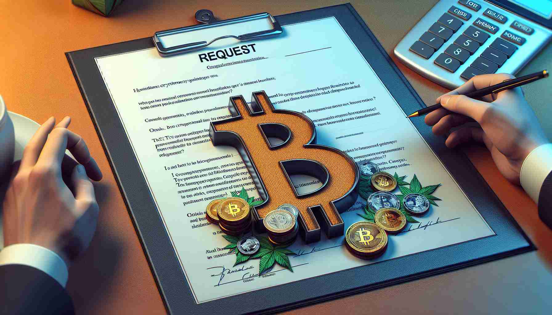 A high-definition, realistic illustration of a formal request document created by a major blockchain company, appealing to a tax institution for clearer guidelines and an extension on cryptocurrency tax reporting regulations.