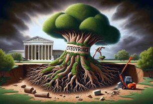 Realistic high-definition illustration of a symbolic representation of the U.S. Supreme Court making a major change to a historic judicial doctrine, represented as a large tree labeled as 'Chevron Doctrine' being uprooted.