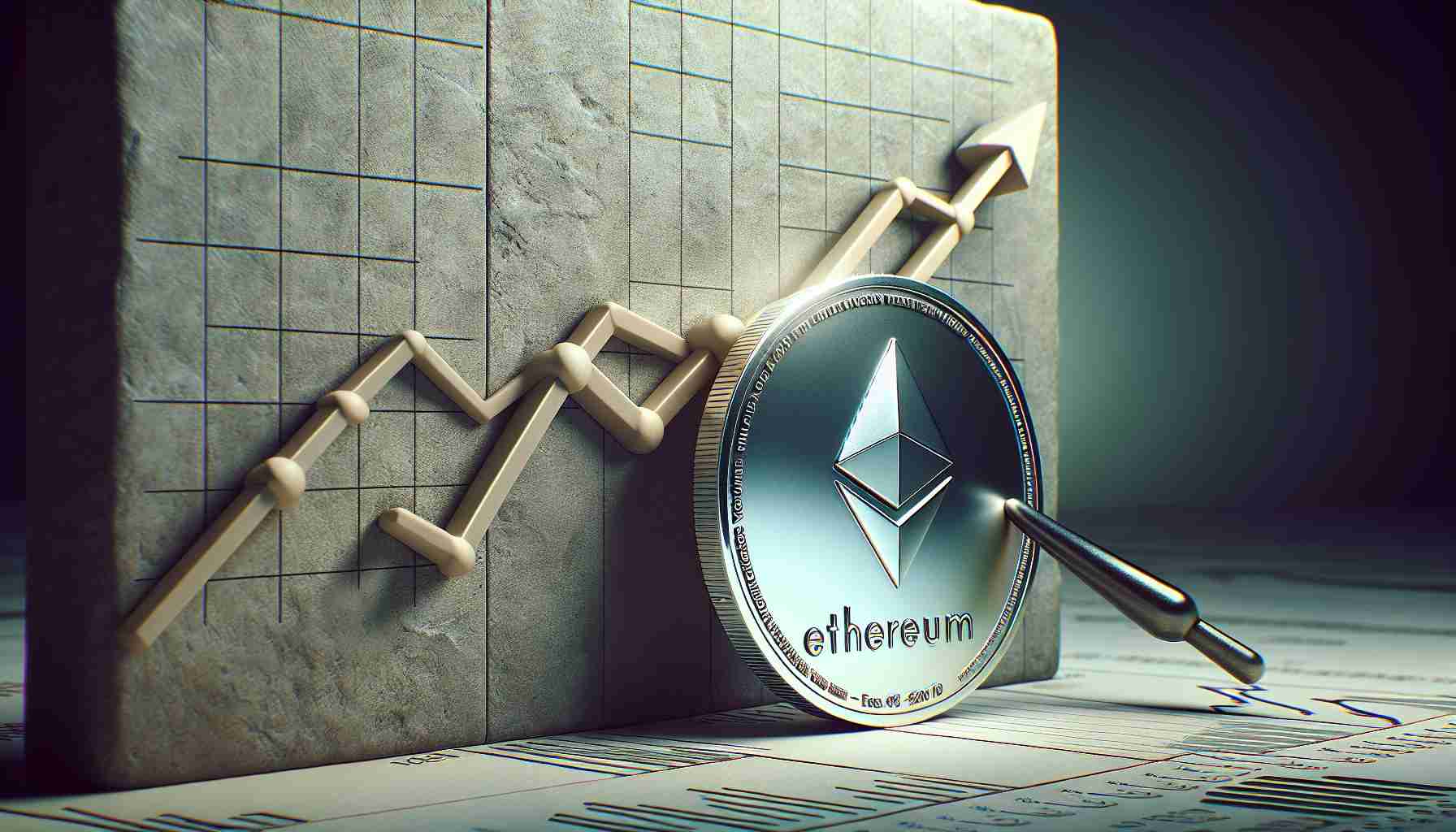 An HD quality, photo-realistic image illustrating the concept of 'Ethereum,' symbolized by a silver coin with the Ethereum logo embossed on it, pressing against a solid wall, denoting resistance. The backdrop shows an upward trending line graph in muted tones, indicating potential upward movement. The scene should evoke the feel of a financial market analysis.