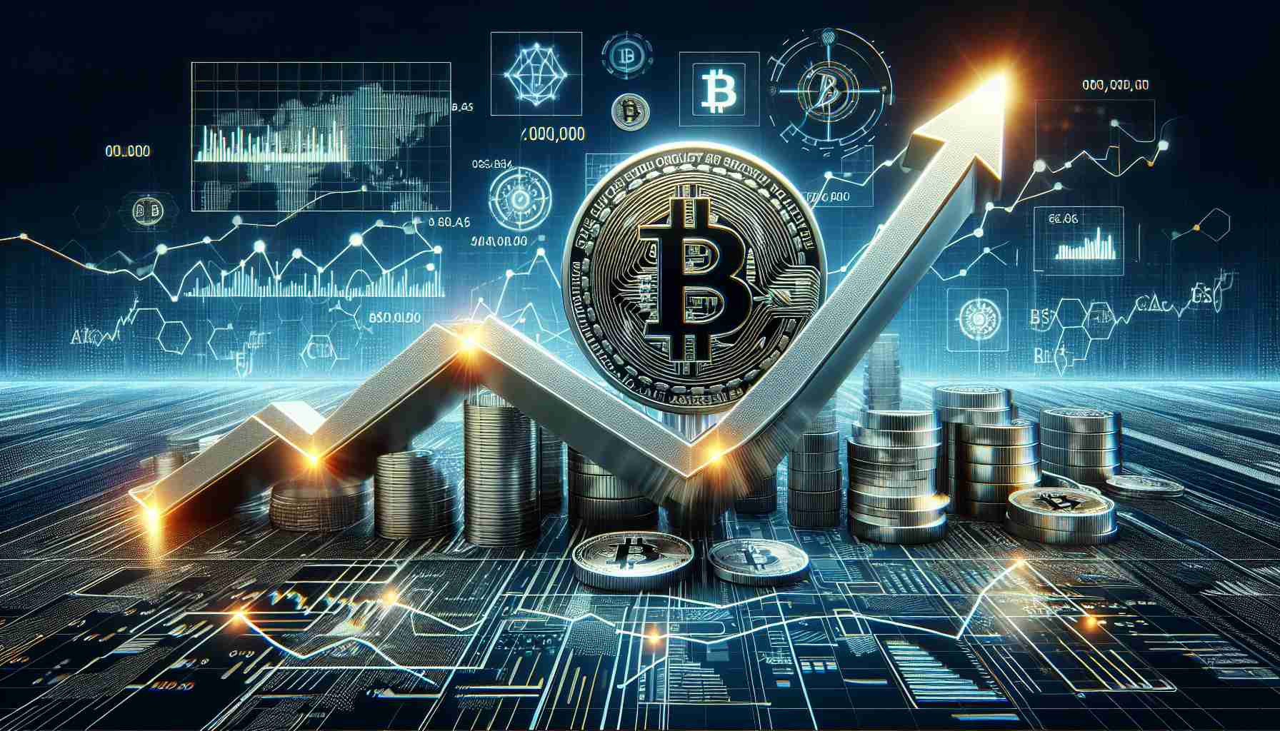 A high-resolution, realistic image depicting the concept of surging open interest in Bitcoin. This should include elements such as an upward-trending graph line indicating a surge in open interest, a background composed of technology-inspired elements to suggest the digital nature of Bitcoin, and symbols or icons representative of Bitcoin (like the Bitcoin logo). The image should also convey the idea that these market movements could potentially signal larger shifts or trends in the cryptocurrency market.