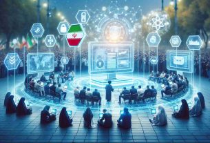 A high-definition photo depicting the concept of digital democracy. Imagine an illustration of Iranian citizens using futuristic blockchain technology for secure voting during a protest. The scene could include a variety of individuals huddled over various digital devices, with holographic interfaces surrounding them to display voting progress. The backdrop could possibly show a peaceful protest happening in a moderately crowded square.