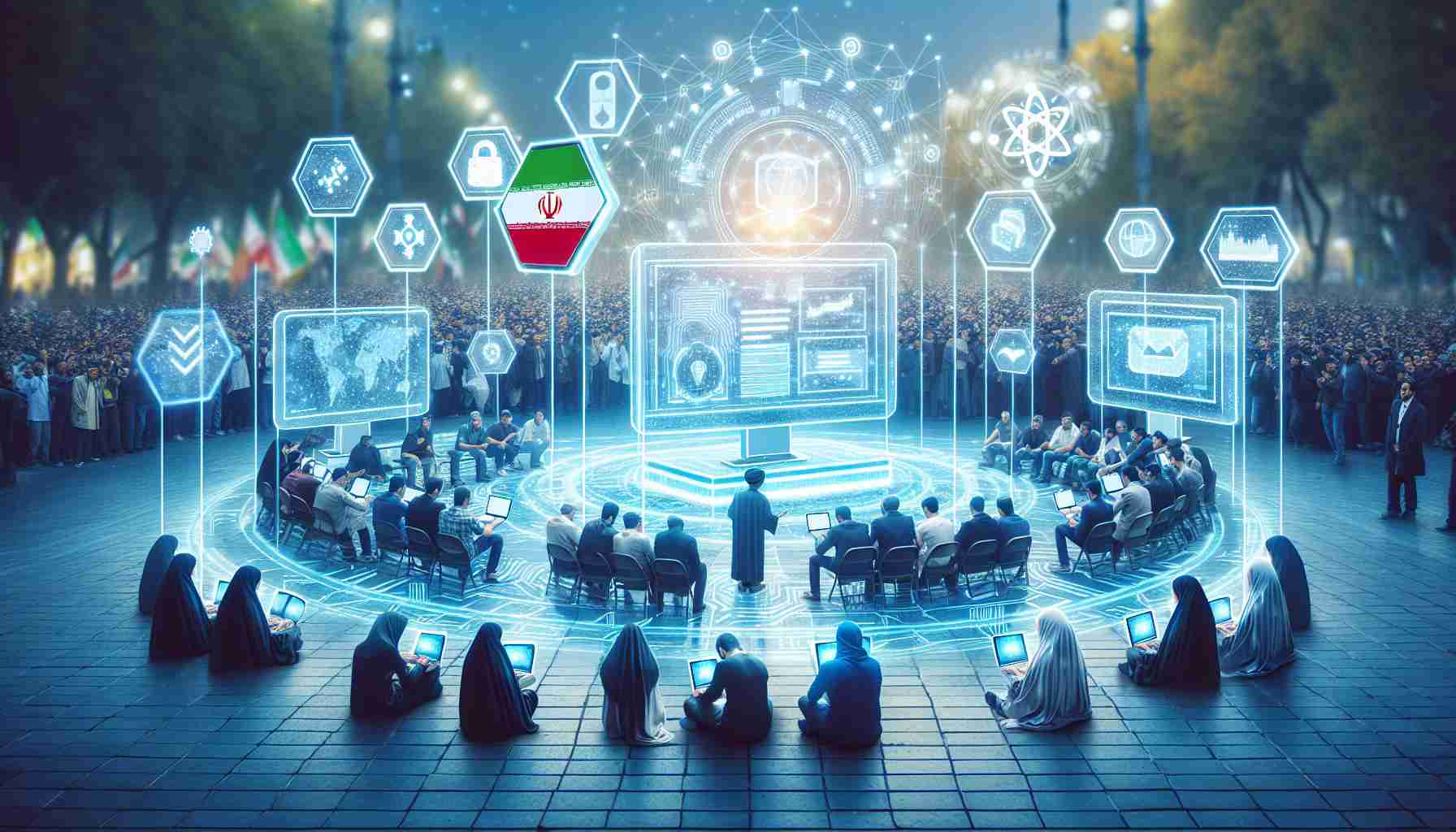 A high-definition photo depicting the concept of digital democracy. Imagine an illustration of Iranian citizens using futuristic blockchain technology for secure voting during a protest. The scene could include a variety of individuals huddled over various digital devices, with holographic interfaces surrounding them to display voting progress. The backdrop could possibly show a peaceful protest happening in a moderately crowded square.