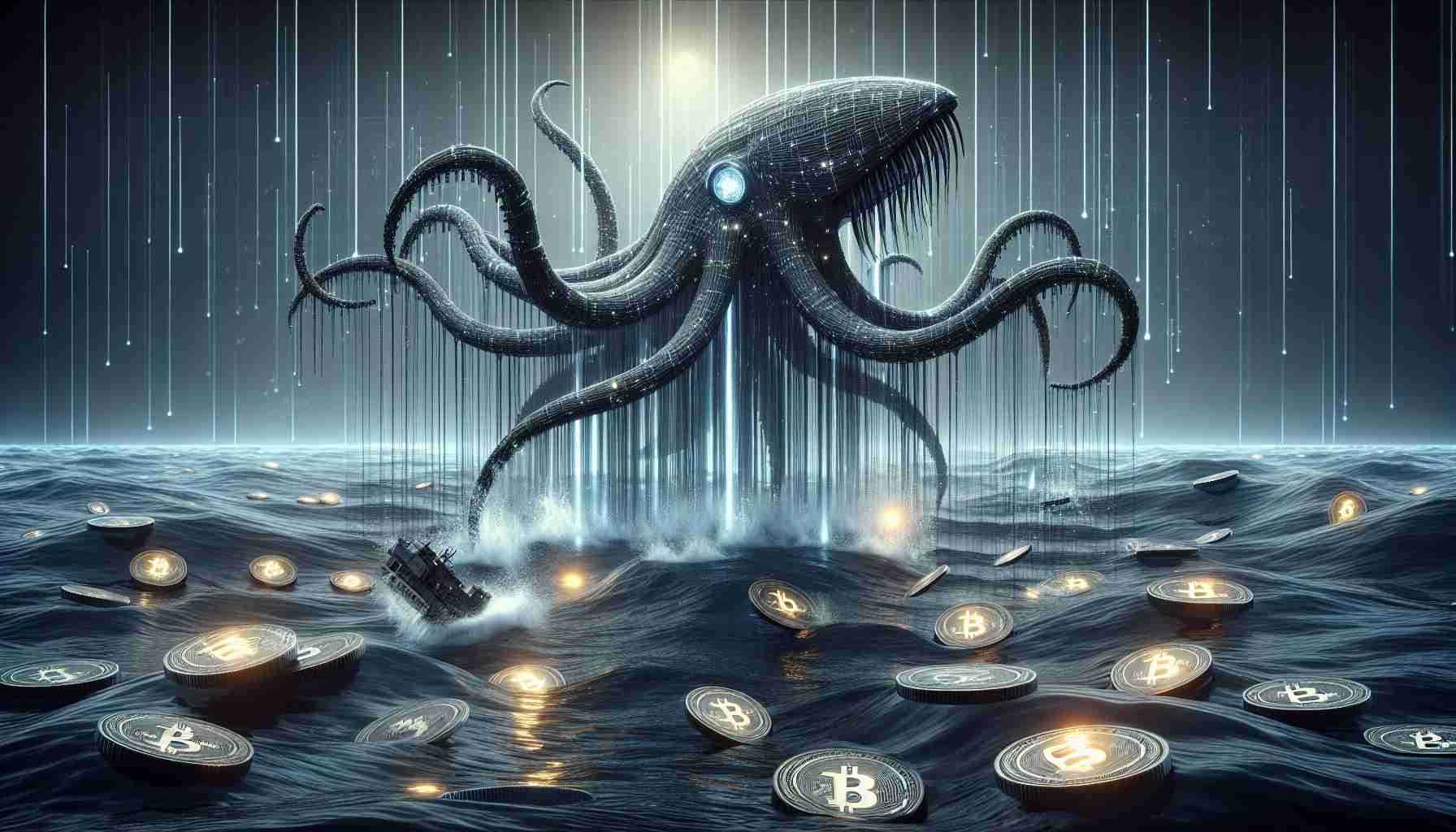 A highly-detailed, realistic depiction of a cybersecurity attack on a large, metaphorically represented cryptocurrency exchange symbolized by a gigantic kraken in a digital ocean. The depiction shows streams of digital coins flowing out of the kraken, signifying a multi-million dollar crypto theft. Please ensure the atmosphere is tense and the scene encapsulates the severity of the situation.