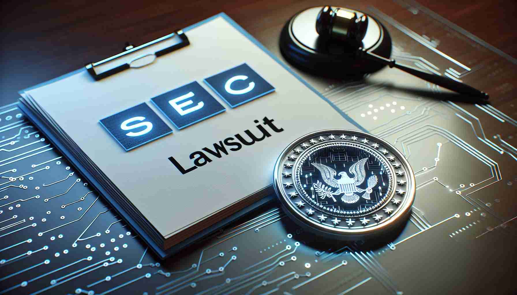 A realistic high-definition image showcasing a conceptual scene of legal papers with the label 'SEC Lawsuit', next to a logo representing a symbolic tech company, alluding to alleged unlawful brokerage activities in the realm of metaverse interfaces.