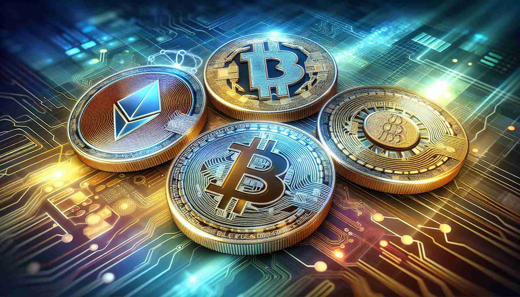 A high definition, realistic image displaying the top five alternative cryptocurrencies that have captured the interest of traders in the month of June. The coins should be represented as stylized, shiny coins, and prominently featured in the image. Each coin should have an emblem or symbol suggesting its digital nature. The background of the image will be a vibrant, modern tech-inspired design suggesting flux and change in the crypto market.