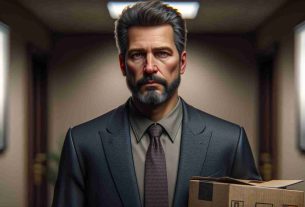 Realistic HD photo of a high-ranking executive, who has spent nine years in a digital currency regulation agency, making an exit from the premises. He is a middle-aged Caucasian man, with a short, neatly groomed beard, wearing a well-tailored suit, holding a box of his belongings.