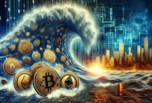 An intricate and detailed image representing the increasing trend of cryptocurrency heists, symbolized by a metaphorical 'Rising Tide'. In the foreground, digital coins signifying various cryptocurrencies (like Bitcoin, Ethereum, etc.) being swept away by a tumultuous cyber ocean wave. In the background, a virtual silhouette of a cityscape reflecting various global financial sectors. The amount of $19 Billion embed somewhere in the image as a bold, striking numerical figure to represent the scale of this challenge.