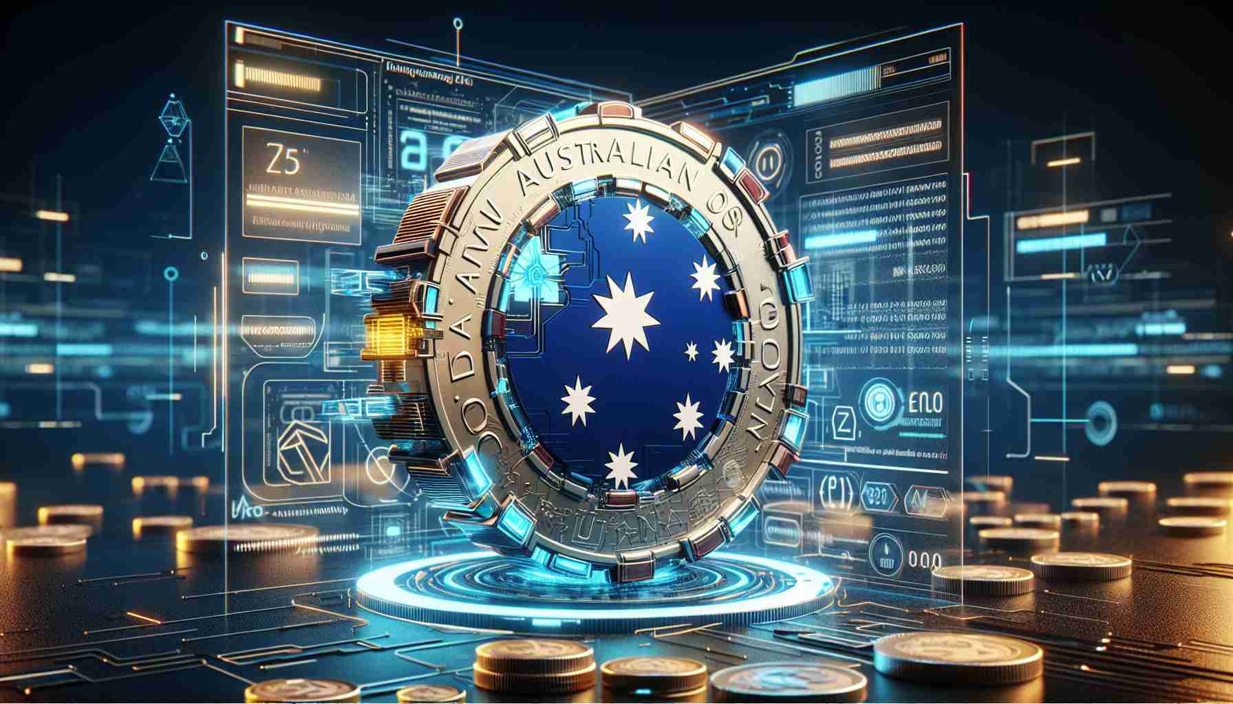 Realistic high-definition illustration of a concept for a new Australian digital currency called 'The Emergence of Ubiquity'. It is a futuristic design, with digital elements reflecting the advanced technology behind it, incorporated into the traditional design language of the Australian dollar. The colors should match the traditional Australian dollar palette and the electronic algorithms added subtly. DO NOT contain any political figures or copyright symbols in the image.