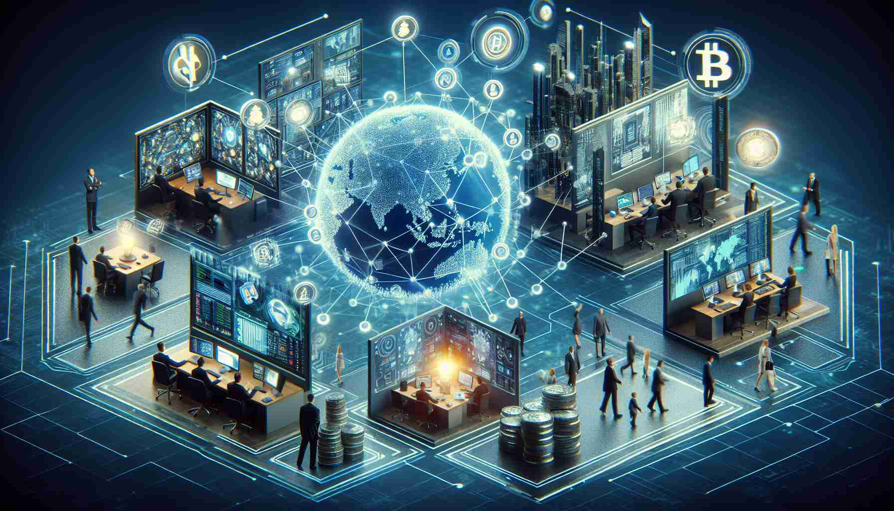 A realistic, HD image directly illustrating how the blockchain technology has revolutionized the financial services industry by 2032. This image consists of scenes from various sectors such as banks, investment firms, and insurance companies that incorporate blockchain systems. Show the advanced interface of financial transactions happening across a global scale with nodes representing the blockchain network. Make sure to include the representation of virtual currencies, like Bitcoin and Ethereum in full bloom as they become a universally recognized medium of exchange. The overall tone of the image should be futuristic and technologically advanced.