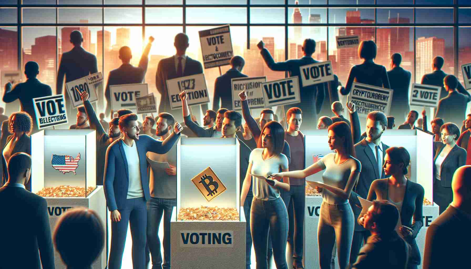 Realistic, high-definition image of people enthusiastically engaging in voting campaigns for the upcoming 2024 elections, which largely focus on the influence of cryptocurrency. The scene hints at a modern digital era, with posters and banners highlighting the importance of technology and digital currencies in the background. It should also depict individuals of diverse ethnic and gender backgrounds casting their votes, showcasing a wide representation of the modern electorate.