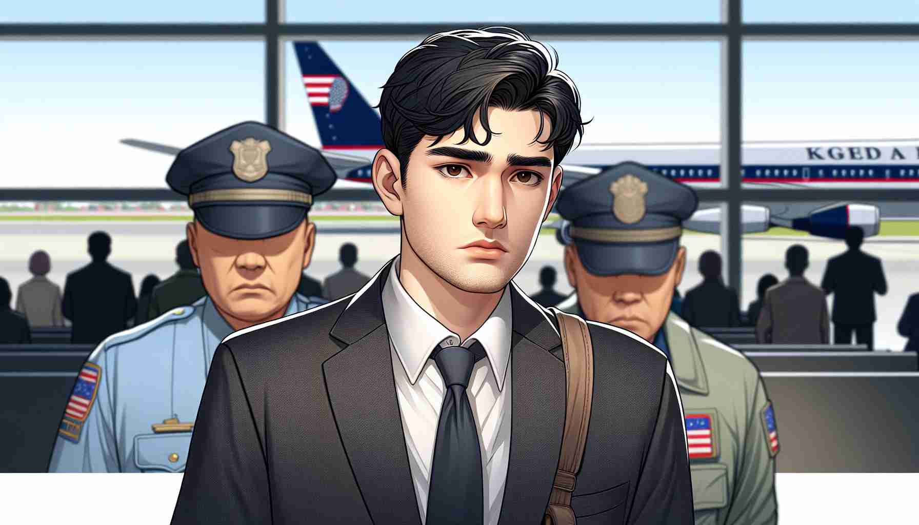 High-definition illustration of an Uzbek male individual being escorted by U.S. officials. He has a worried expression on his face that indicates the seriousness of the cyber crime charges he is facing. The background contains an airport setting, subtly indicating his extradition process. Note: This is a representation purely based on typical attire and look of an Uzbek man; however it does not resemble any real person.