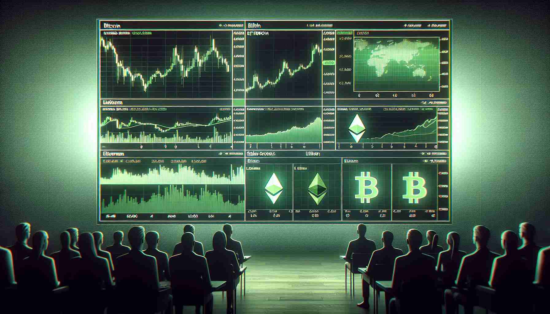 Create a high resolution, realistic image of a trading screen. The screen is divided into two main panels. Each panel depicts the live trading data and chart of a cryptocurrency. The left panel is dedicated to Bitcoin and the right one is dedicated to Ethereum. Their prices are on the rise, with green color dominating the screens to represent the bullish market. At the bottom of the screen, there's a faded chart of a stable coin, suggesting investors' reduced interest in it. Additionally, include visual representations of investors, of all genders and descents, scrutinizing and studying the data.