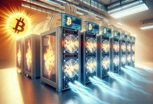 A high-definition, realistic illustration of computer devices lined up carrying out the task of Bitcoin mining. The equipment is designed with advanced cooling systems to manage the heat output, especially emphasized as summer temperatures rise. The environment portrays clear signs of a scorching summer day, with bright sunlight streaming through nearby windows and heat waves visible in the air. The cooling systems are highlighted, with air circulation and liquid cooling mechanisms visible, implying the anticipation of cooling in the Bitcoin mining heat.