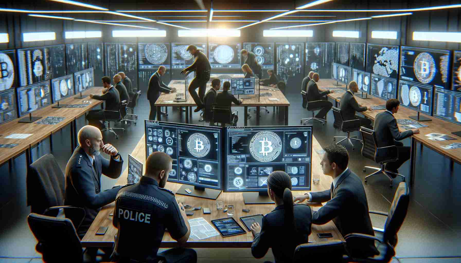 A high-definition, realistic image of a hypothetical scene where UK law enforcement officers are progressively investigating a large-scale virtual currency fraud. The scene includes Caucasian and Black male and female officers working collaboratively, examining and piecing together digital evidence on large screens, with a tense atmosphere permeating the room. Please ensure to include elements like cryptographic symbols, digital hash codes, and virtual currency graphics to represent the crypto nature of the investigation.