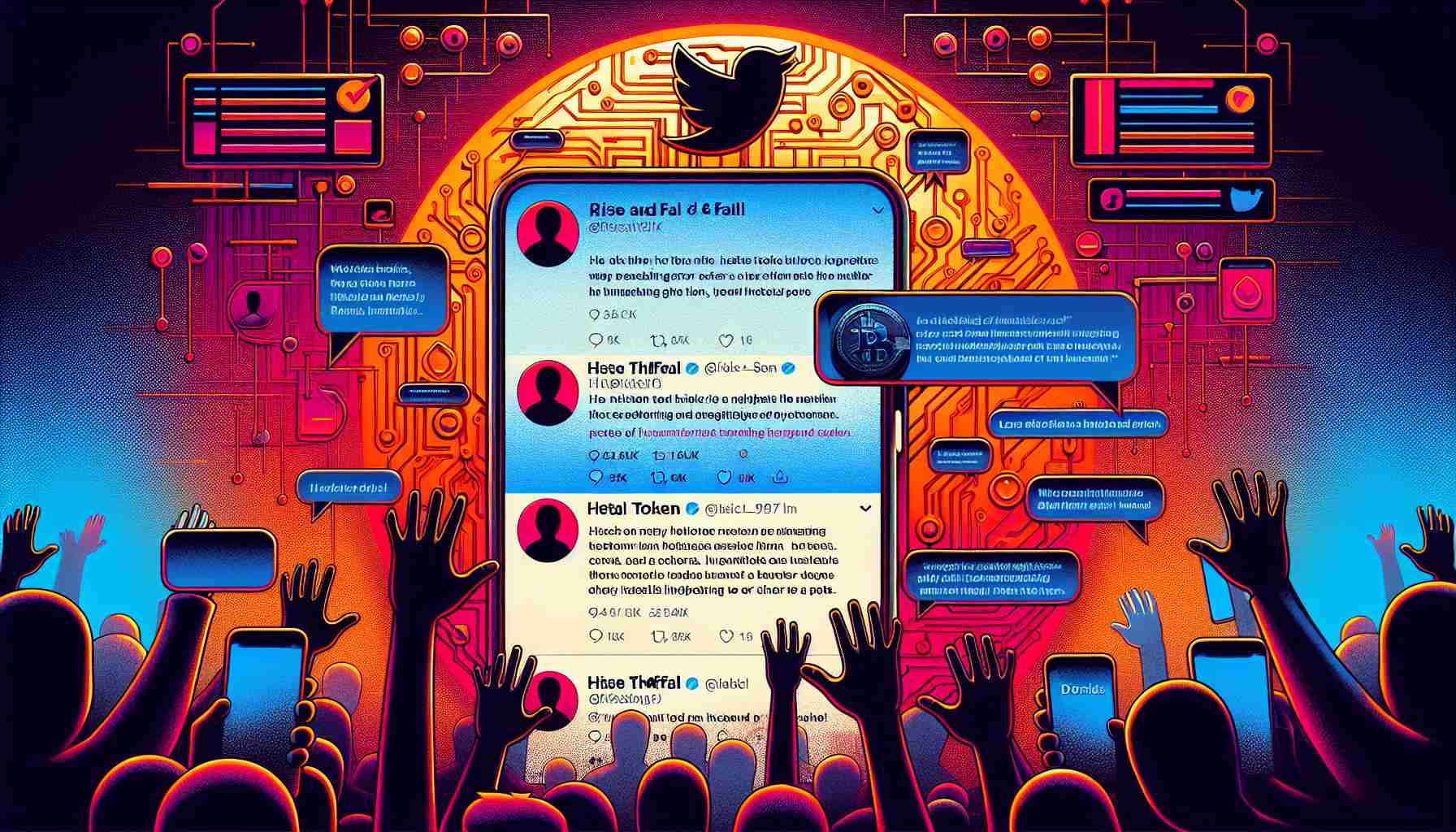 Create a vivid and intricate illustration of a realistic twitter page under the influence of a hacking event featuring the phrase 'Rise and Fall'. The page includes various posts or tweets about a hypothetical METAL token, indication of a potential hijacking. Please include the Twitter bird logo, the generic silhouette avatar for a hijacked account, and nuanced variations of engagements (likes, retweets, comments) on the posts.