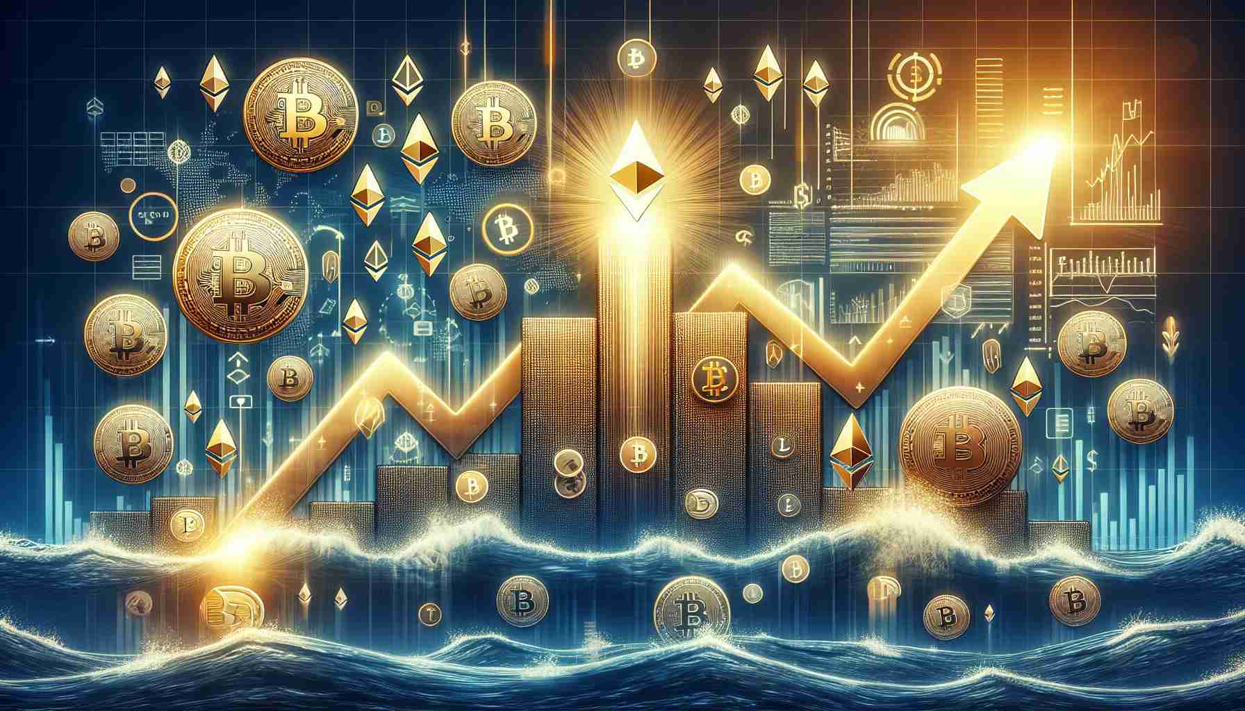 Generate a high-definition, realistic illustration that encapsulates the concept of a rising tide in the world of cryptocurrency. The illustration should demonstrate the new era of digital asset expansion, showcasing a variety of crypto coins such as Bitcoin, Ethereum, and Litecoin. Please also include symbols and elements that represent growth, like upward trend lines, positive numbers, and graphs. The overall ambience should be optimistic and progressive.