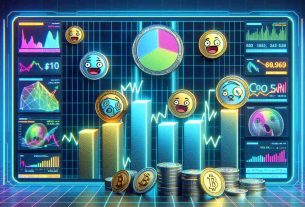 High-resolution illustration of fictional digital coins with cute, meme-related symbols dominating a futuristic graph representing the digital currency market in the first half of 2024. The graph is highlighted in bright color tones and displayed on a hyper-modern touchscreen interface, showcasing the peak and valleys of the market trend. Holographic texts float around showing various statistical data and percentages. It should convey the significance of these alternative cryptocurrencies in the global economy during that period.