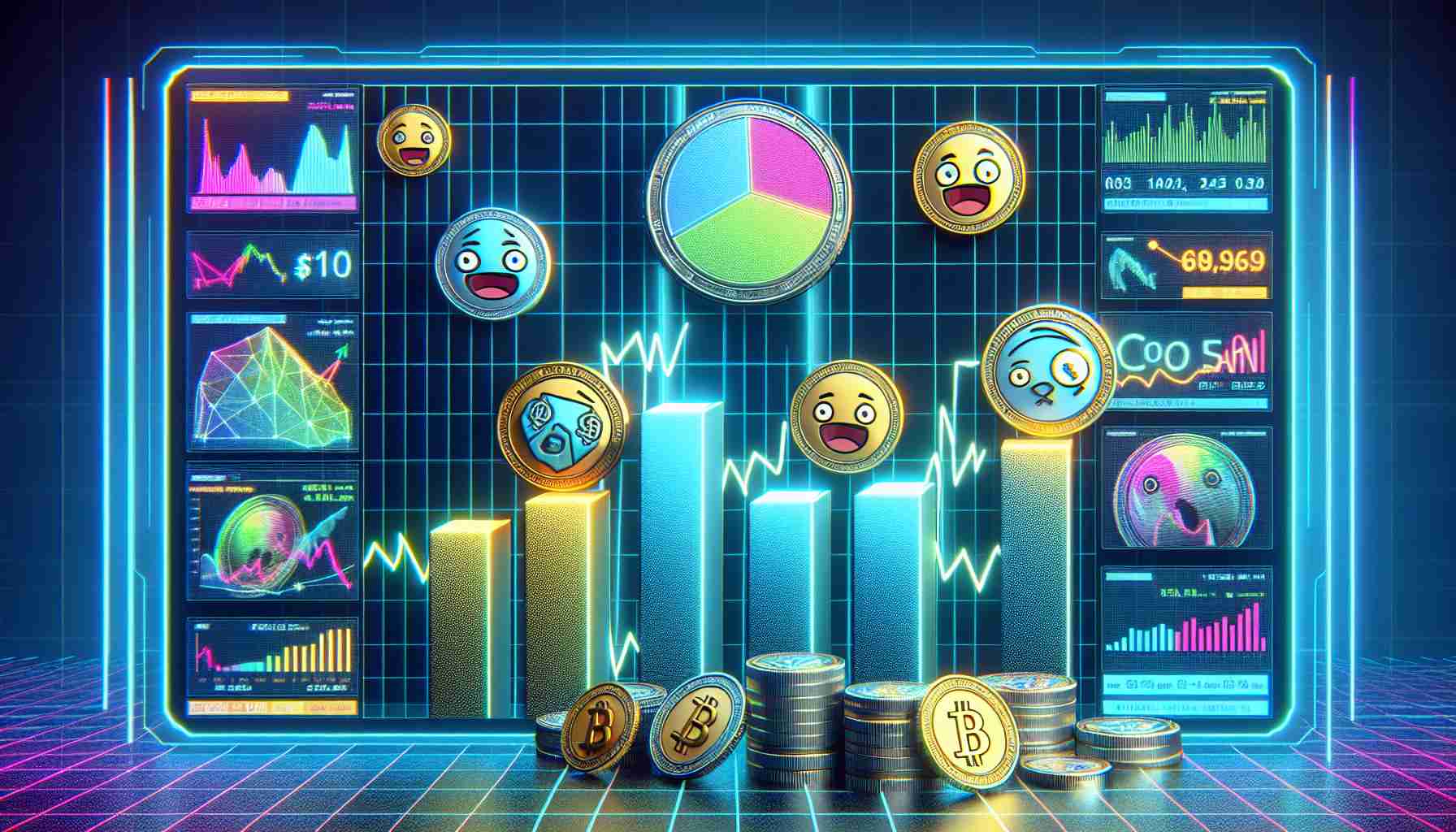 High-resolution illustration of fictional digital coins with cute, meme-related symbols dominating a futuristic graph representing the digital currency market in the first half of 2024. The graph is highlighted in bright color tones and displayed on a hyper-modern touchscreen interface, showcasing the peak and valleys of the market trend. Holographic texts float around showing various statistical data and percentages. It should convey the significance of these alternative cryptocurrencies in the global economy during that period.