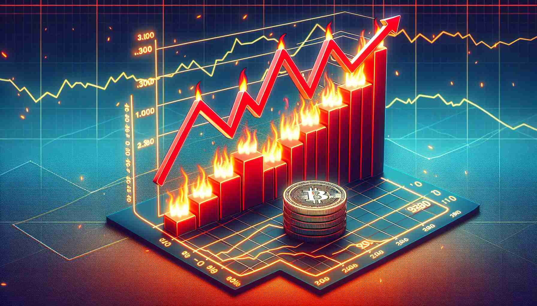 High-resolution photo of a stylized line graph showing a rapid increase in the burning of a fictional SHIB cryptocurrency tokens, with the value still continuing its descent. The graph line should be different shades of red, indicating the downward trend in value, while increasing height of the bar chart in the background symbolizes the growing number of token burns. Please also include both x and y-axes marked with suitable scales to represent time and quantity respectively.