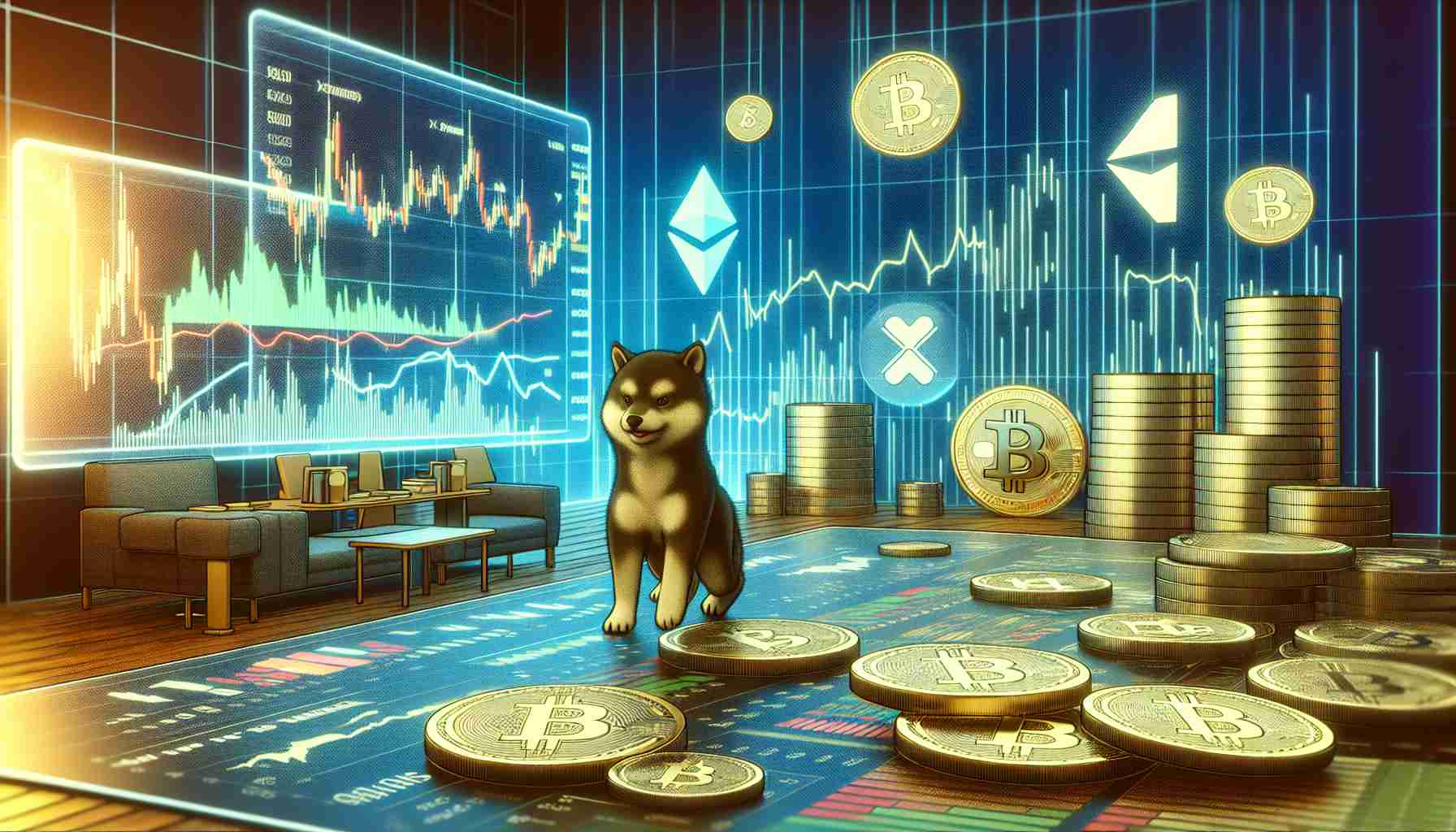 Illustrate a high-resolution realistic representation of a bearish cryptocurrency market climate, emphasizing the potential buying opportunities it presents for cryptocurrencies similar to those named XRP and Shiba Inu, without visualizing the specific logos or symbols. The scene should display a mix of finance-related objects, such as graphs, charts showcasing dips, and maybe coins. The colors should be somber to reflect the negative mood of the market.