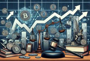 Generate a high-definition, realistic picture showing a metaphorical representation of significant crypto market dynamics alongside symbolic representations of regulatory decisions. Illustrate the former as a graph with wild swings, representing high volatility. Show regulatory decisions with images related to legislation, such as a gavel, law books, and balance scales. Please include arrows and percentages to denote fluctuations in the crypto market.