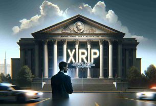 Realistic high-definition image of a courthouse facade with the words 'Turning Point for XRP's Classification' imposed in bold, professional typography in the sky above it. In front of the courthouse, a person with a worried expression is visualized, showcasing the seriousness of a potential trial.