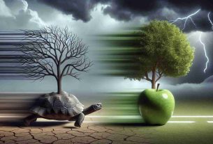 A photo-realistic HD image representing the abstract concept of shifting trends in markets and compliance. It should have two symbolic representations: one being a slow moving tortoise, representing Nvidia's slowdown, and the other an apple tree standing firm in a storm, representing Apple's challenges in the face of EU charges.