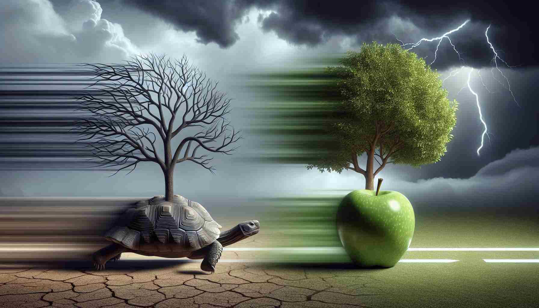 A photo-realistic HD image representing the abstract concept of shifting trends in markets and compliance. It should have two symbolic representations: one being a slow moving tortoise, representing Nvidia's slowdown, and the other an apple tree standing firm in a storm, representing Apple's challenges in the face of EU charges.