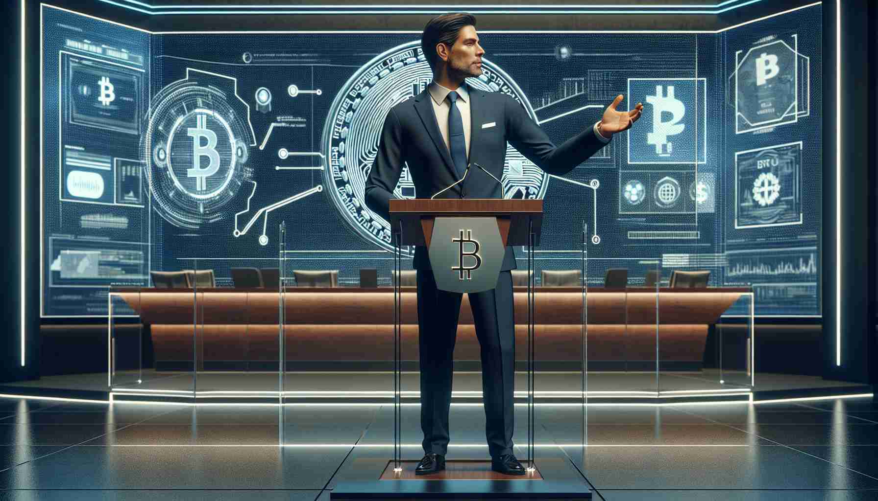 Realistic high-definition image of a generic politician in El Salvador, standing at a podium with a confident stance, as he unveils the blueprint for a new private bank with a focus on bitcoin-based transactions. The background should illustrate a sophisticated banking institution, with futuristic touch-screen displays and crypto-currency symbols adorning the walls. The politician could be a middle-aged Hispanic male, in a stylish suit, gesturing towards the bank’s blueprint.