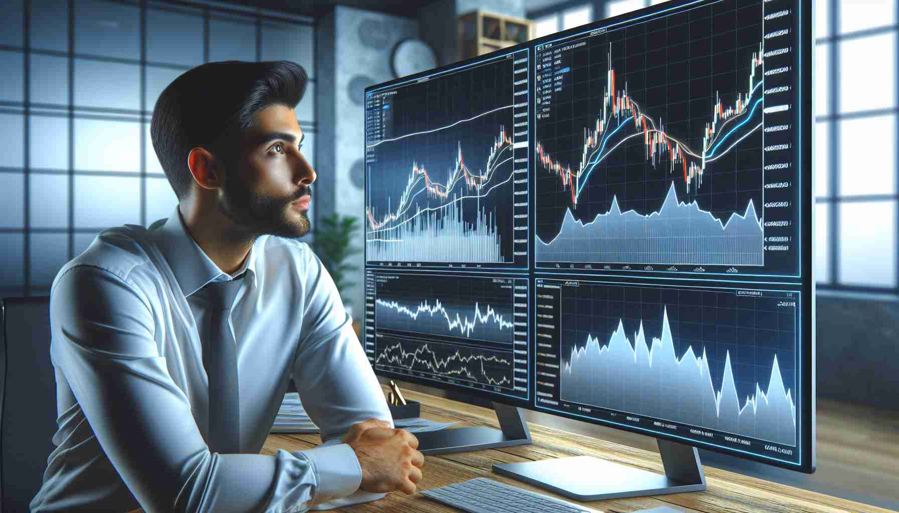 A realistic, high-definition image of a financial analyst in a modern office setting, scrutinizing multiple trading graphs and data on multiple screens. The dominate chart displays a steady rise of a cryptocurrency named 'Toncoin', defying the downward trend seen in other markets. The analyst—of Middle-Eastern descent and male—looks hopeful, showing a positive attitude towards the future of this particular digital currency amidst a larger market correction.