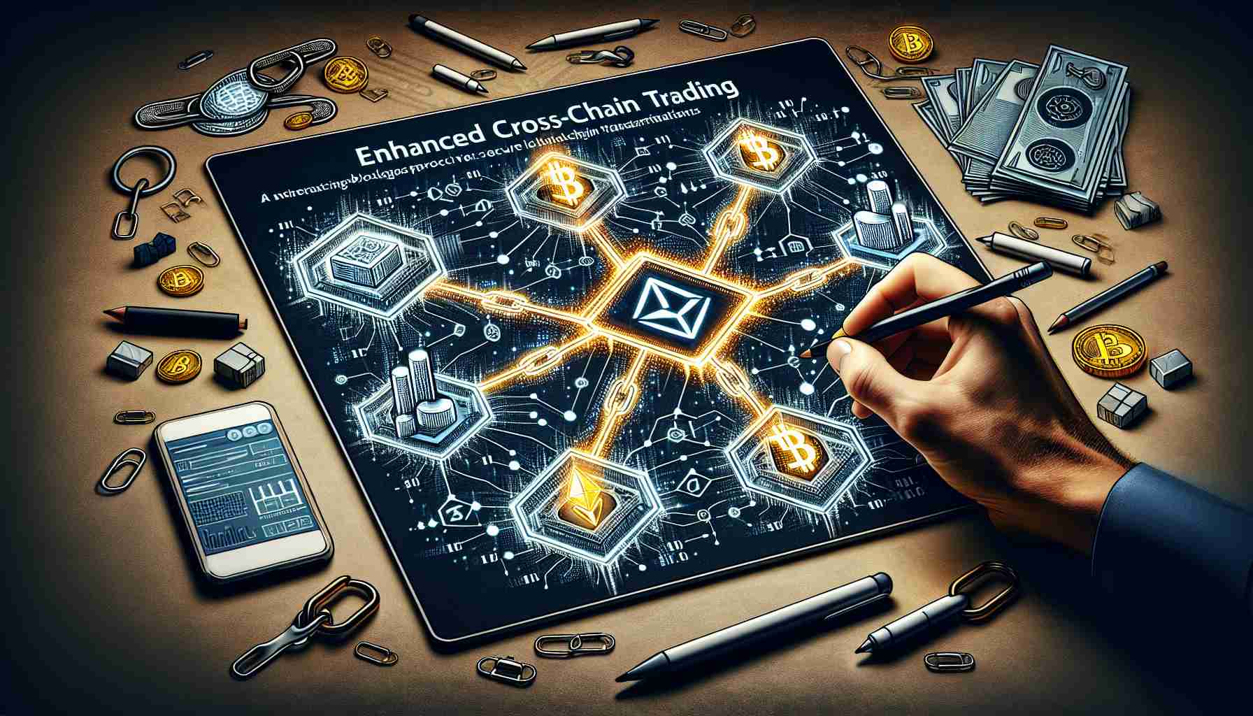 Create a high-definition, realistic image visualizing the concept of enhanced cross-chain trading. Think of representing different blockchain platforms linking together, symbolizing cross-chain transactions. Incorporate imagery relating to fireblocks, portraying it as a powerful, secure digital structure facilitating these transactions. Also, include a reference to THORChain, perhaps as a symbolic lightning chain, indicating its integral role in the integration process. Make sure to use associated representative symbols and motifs to depict the essence of blockchain procedures, encryption, and secure digital transactions.