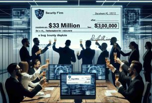 Create a high-definition, realistic image of a security firm celebrating their success in recovering $3 million for a high-profile, digital tech company after resolving a bug bounty dispute. Show the team sharing toasts in a modern office. Depict a sizable check for $3 million on the side to signify their achievement. Ensure there's a digital environment aesthetic in the backdrop, with computer screens displaying codes and tech diagrams.