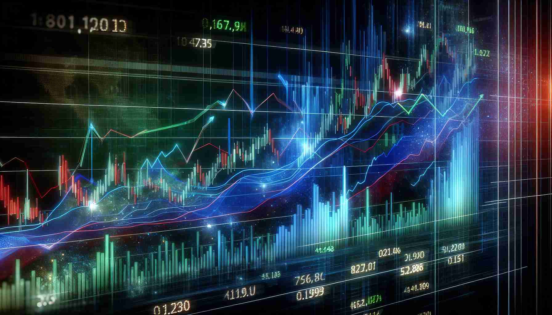 An HD illustration visualizing the sharp correction for Field Effect Transistor (FET) in a stock market setting as market sentiment shifts. The image should depict fluctuating trend lines on a detailed and complex stock market graph, representing the shift in market sentiment. Include digital ticker codes and numbers around the graph to give it a real-time stock exchange touch. The colors predominantly used are deep blues and greens, punctuated with touches of vibrant reds to indicate the sharp corrections.