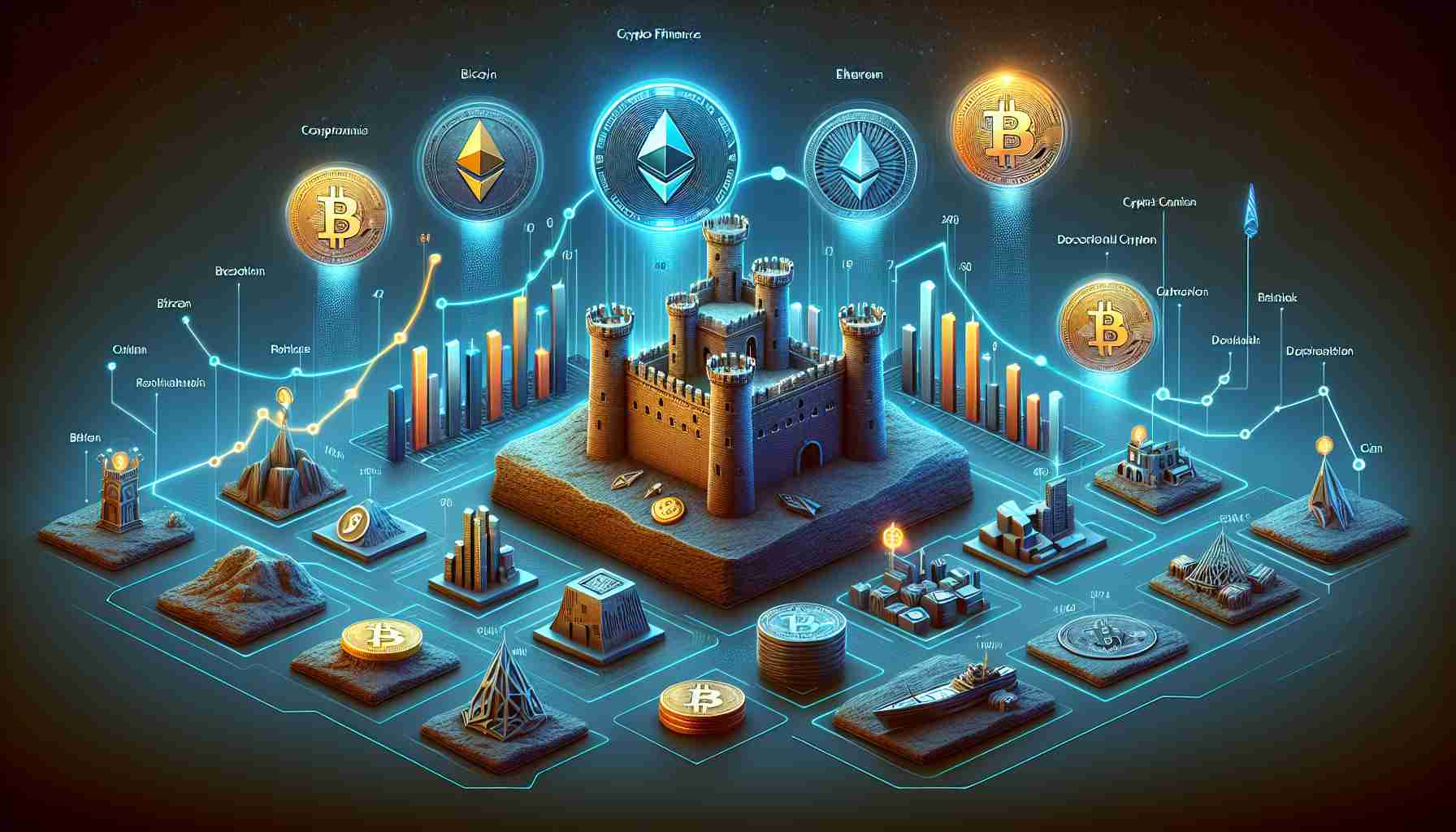 A high-definition, realistic illustration depicting the evolution and fortification of crypto finance. This should include symbols for various cryptocurrencies (such as Bitcoin, Ethereum), alongside representations of fortification such as a fortress or castle. Also, illustrate a timeline showing the growth and adaptation of crypto finance, with various significant events marked on it. The color scheme should be modern and sophisticated with a futuristic overtone to reflect the cutting-edge nature of cryptocurrency.