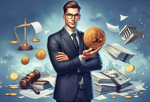 A realistic, high-definition illustration of a confident businessman, holding a physical representation of Bitcoin. The businessman is tall, with short brown hair, glasses, and is dressed in a sharp business suit. He stands against a backdrop of traditional finance symbols being upended, like toppling stacks of paperwork, a downturned scale, scattered coins, and falling bank buildings.