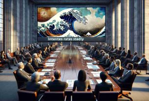 A high-definition, realistic scene depicting the interior of a large institutional meeting room, where economic professionals are gathered around a long, polished boardroom table. These individuals are of diverse descents such as Caucasian, Black, Hispanic, Middle-Eastern, and South Asian, and comprise of both men and women. The table is covered with various reports and charts, largely focusing on interest rates. A large LED screen on the wall displays the headline of 'Interest Rates Steady'. Outside the window, an abstract painting of a tumultuous sea is symbolic of market fluctuations.