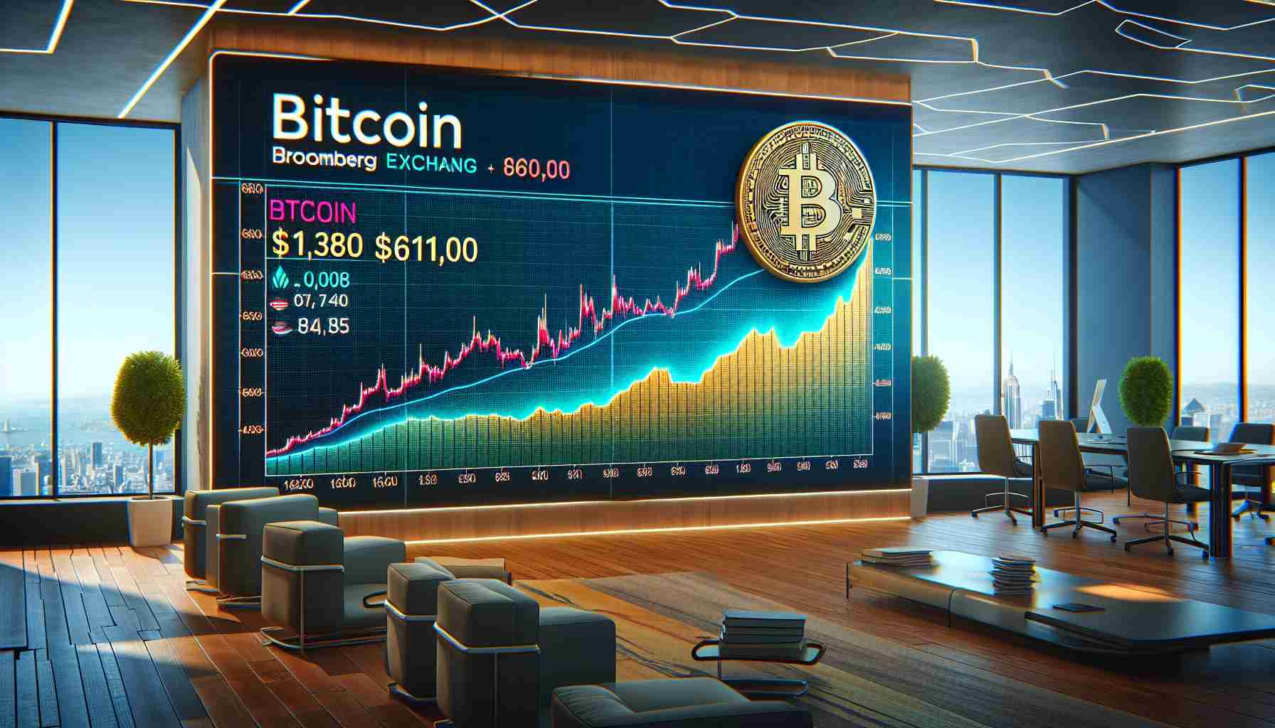 A realistic, high-definition visualization indicating the stability of Bitcoin over $61,000. There should be a graph displaying the steady value of Bitcoin and implying a period of equilibrium in the crypto market. The graph should be color-coded and clear to read, with $61,000 marked as a significant level. The surrounding environment can be a modern office with Bloomberg stock exchange news on a TV in the background. No specific people, characters, or brands should be visible in this scene.