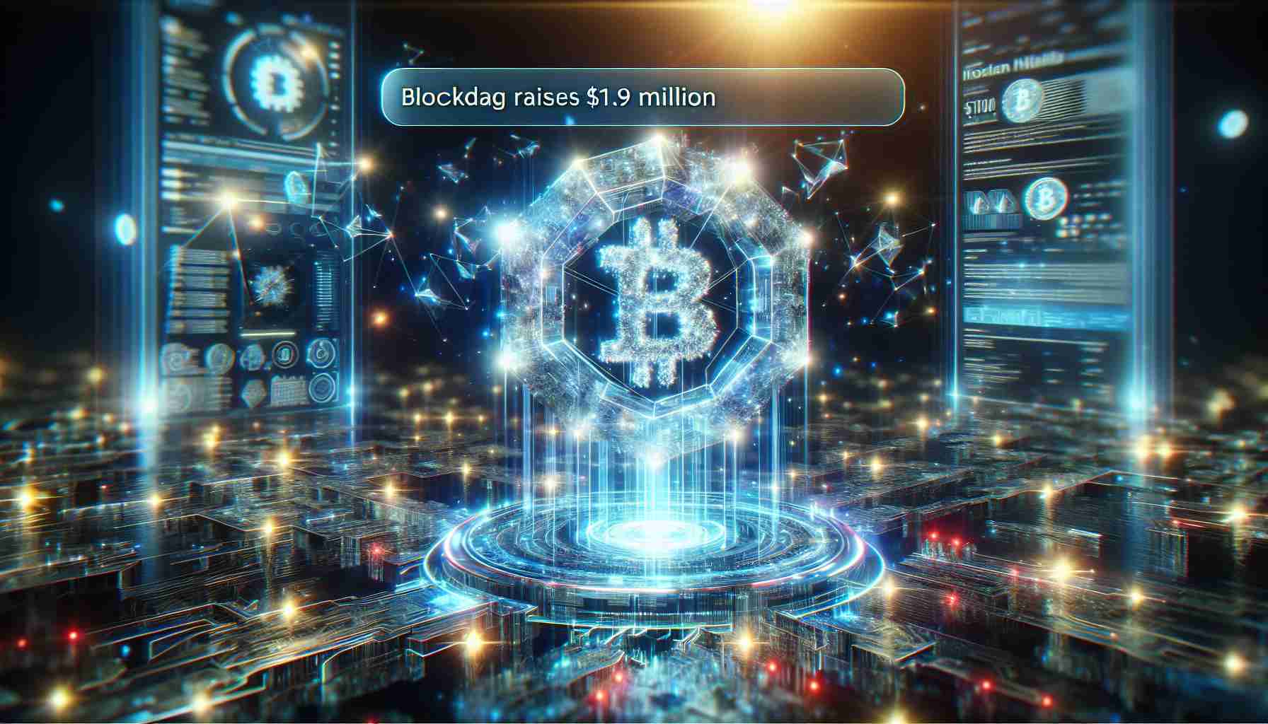 Create a realistic HD image representing the concept of 'Innovative Strides in Blockchain Technology'. Show a large, complex, and futuristic blockchain structure, sparkling with energy. Overlay this scene with digital, holographic text saying 'BlockDAG Raises $51.9 Million'.