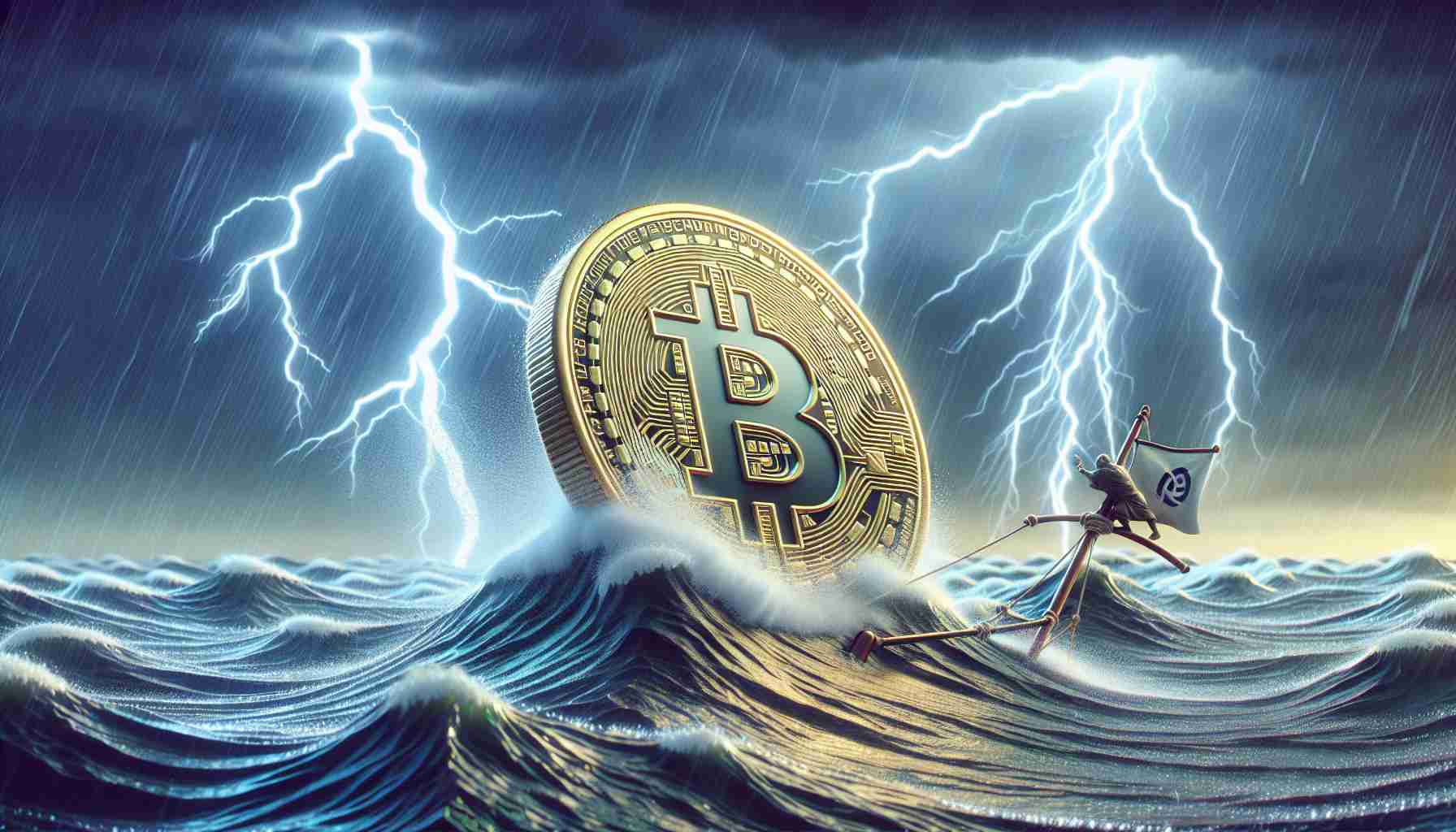 A detailed high-definition visualization showcasing the resiliency of a fictional cryptocurrency, symbolically represented as a coin emblazoned with the acronym 'PEPE', navigating through a turbulent sea of market fluctuations. The coin should be portrayed as weathering the storm, alluding to the fluctuating financial market. Envisage lightning strikes, symbolizing the uncertainty and volatility of the market, with the steadfast coin resiliently progressing on its journey. The scene should be rendered in a realistic style.